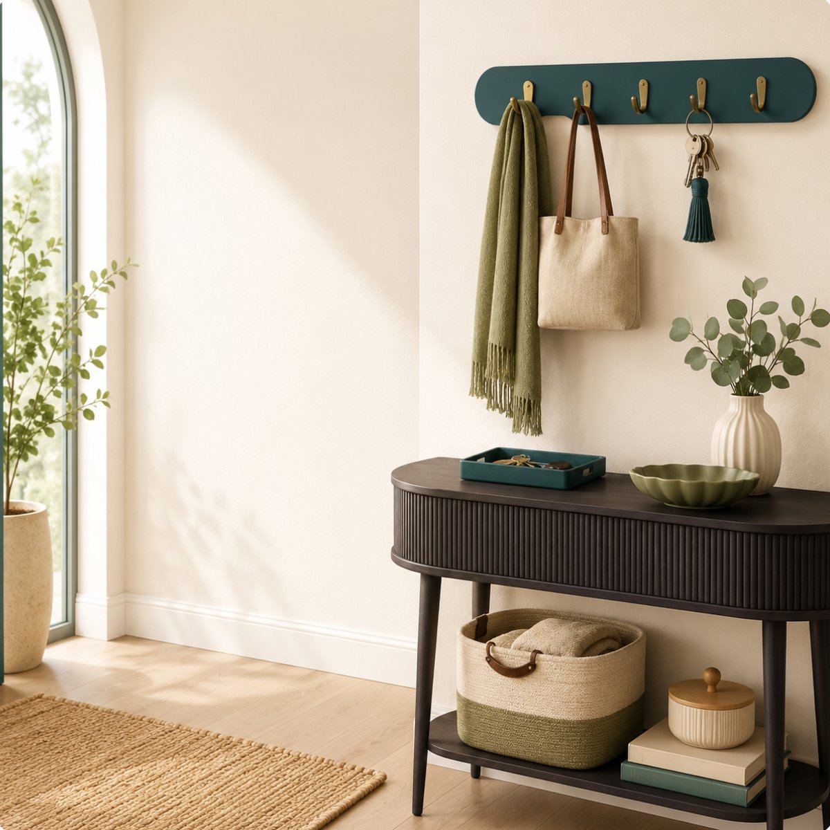 Entryway Style Essentials decor with hooks, trays, baskets, and organized home accents
