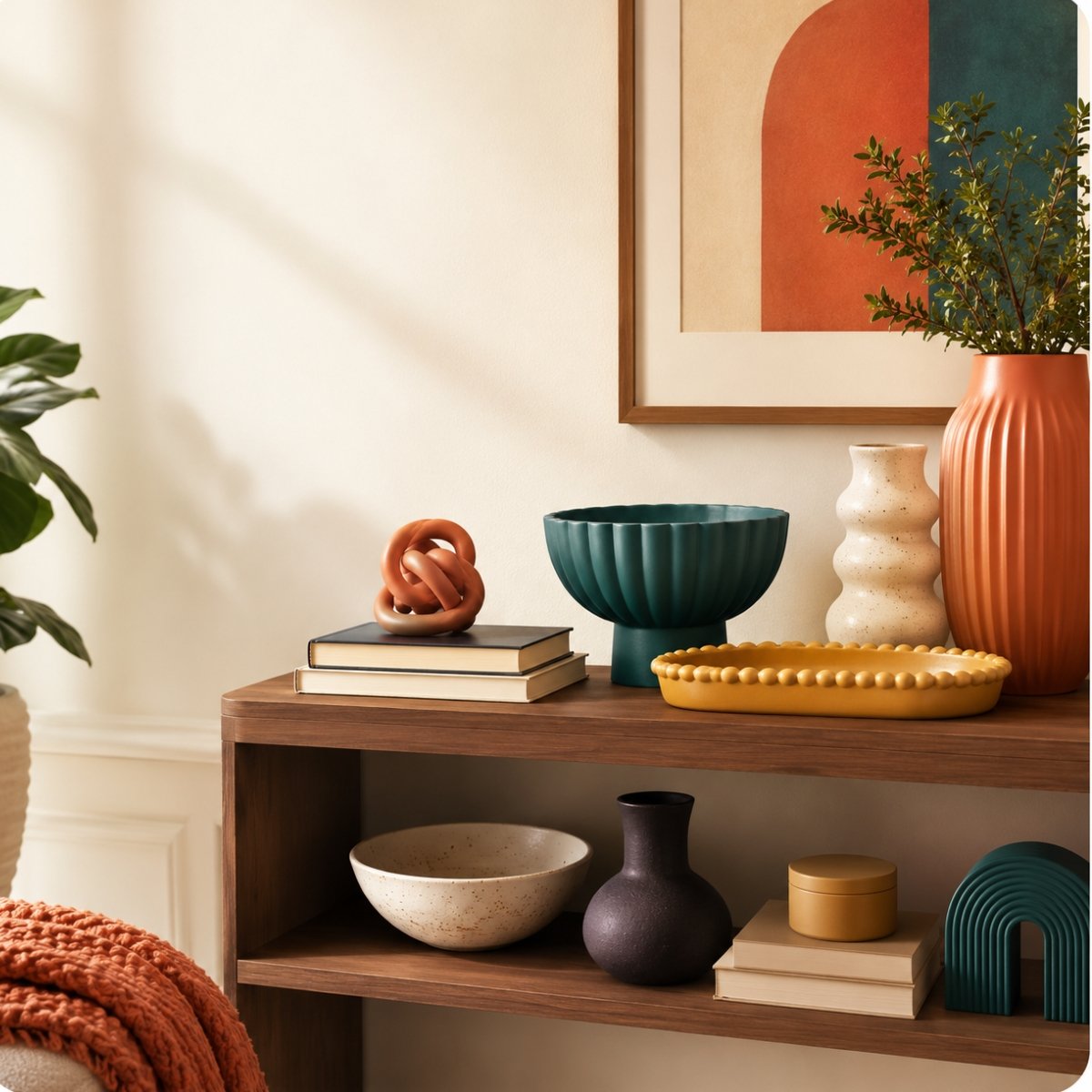 Shelf and Console Decor with decorative bowls, trays, vases, and tabletop accents