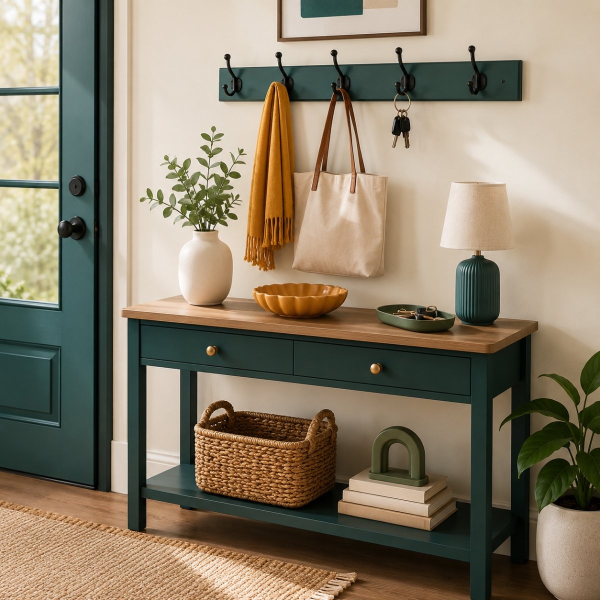 Zorlam entryway decor with console table, wall hooks, key tray, storage basket, and home accents